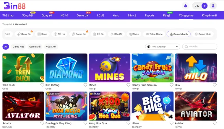 Đa Dạng Danh Mục Các Trò Chơi Tại Sảnh Game Nhanh Bin88 Với Tỷ Lệ Thắng Lợi Vượt Trội